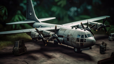 3d illustration of an old military transport aircraft in the jungle.の素材
