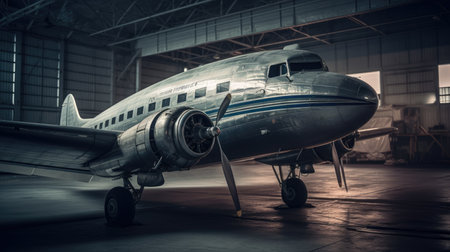 Abandoned airplane in the hangar at night. 3d renderingの素材
