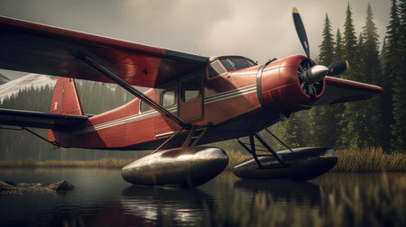 Retro airplane on a lake in the mountains. 3d renderingの素材