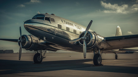 Vintage airplane at the airport. Retro style toned image.の素材
