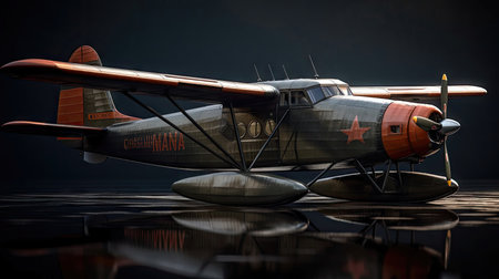 3D rendering of an old airplane on a dark background with reflectionの素材