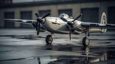 Vintage airplane in the city. Retro toned image with shallow depth of fieldの素材