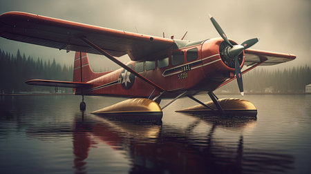 Old airplane on the water in a foggy day. 3d renderingの素材