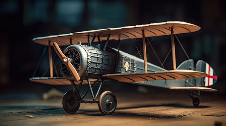 Model of an old airplane on a wooden background. Toned.の素材