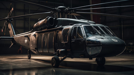 Close up of a military helicopter in a hangar, low angle viewの素材