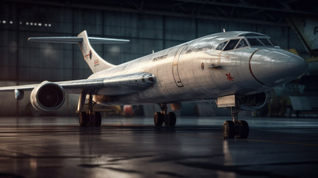 3D rendering of an old fighter jet in a hangar at nightの素材