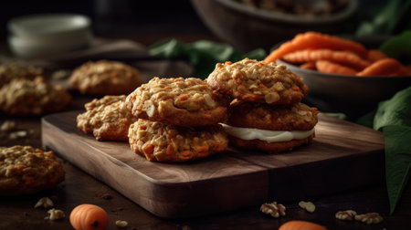 Homemade oatmeal cookies with sour cream and fresh carrots on wooden backgroundの素材