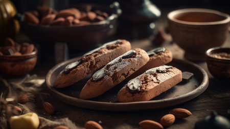Chocolate eclairs with almonds and cocoa powder on wooden backgroundの素材