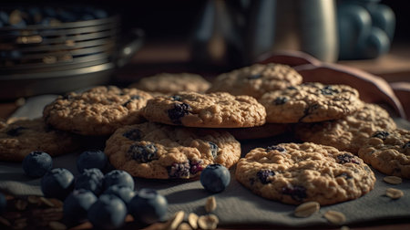 Homemade oatmeal cookies with blueberries and raisins on a wooden tableの素材