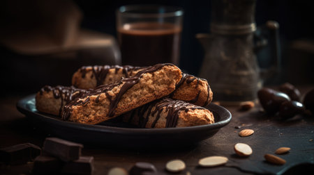 Homemade cookies with chocolate and nuts on a wooden background. Toned.の素材