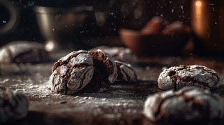 Chocolate chip cookies sprinkled with powdered sugar on a dark background.の素材