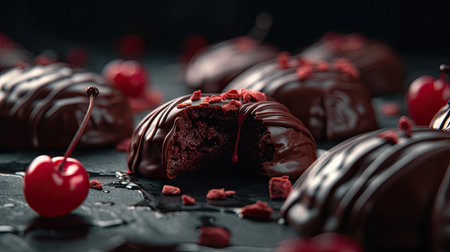 Chocolate truffles with cherries on a dark background.の素材