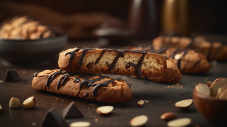 Cookies with chocolate and almonds on a dark background, selective focusの素材