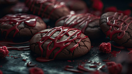 Chocolate cookies with raspberry on a dark background. Toned.の素材