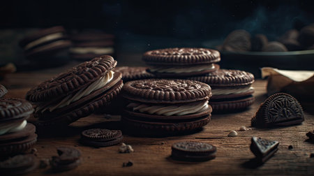 Chocolate cookies with cream on wooden background. Selective focus.の素材