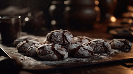 Chocolate cookies sprinkled with powdered sugar on a dark wooden background.の素材