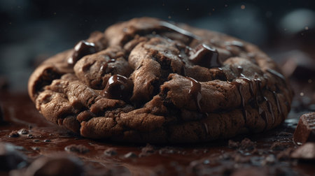 close up view of delicious chocolate chip cookies on dark background, shallow focusの素材