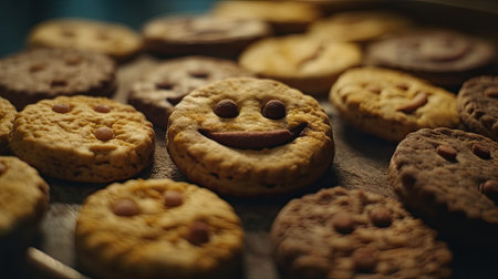 Chocolate chip cookies with smiley face on wooden table, closeupの素材