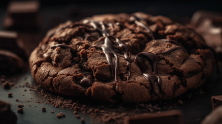 Chocolate chip cookies with melted chocolate on dark background, closeupの素材