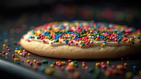 Cookie with colorful sprinkles on a black background. Toned.の素材