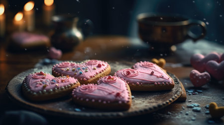 Valentine's day cookies in the shape of a heart on a wooden backgroundの素材