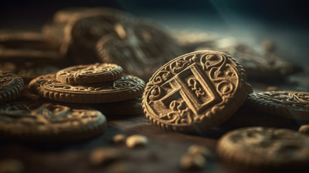 Close up of chocolate cookies on wooden table. Selective focus.の素材