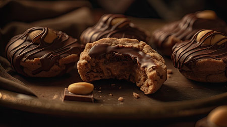 Chocolate cookies with nuts on a wooden background. Selective focus.の素材