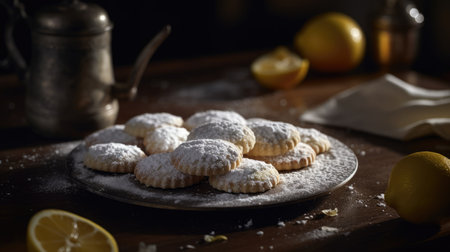 Lemon cookies sprinkled with powdered sugar on a black plate on a wooden tableの素材
