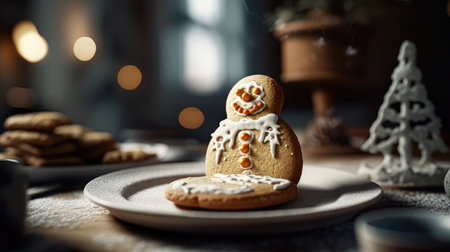Christmas cookies in the shape of a snowman on a plate.の素材