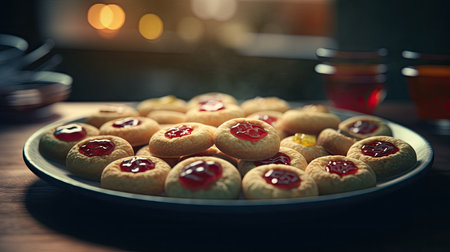 Cookies with jam on a plate on a wooden table in the kitchenの素材