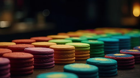 Colorful macaroons in a row on a dark background.の素材
