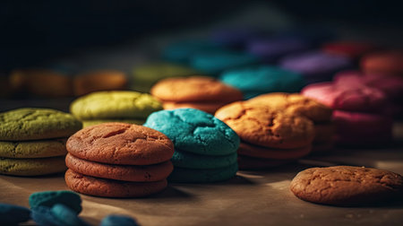 Multi-colored cookies on a wooden background. Toning. Selective focus.の素材