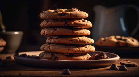 Chocolate chip cookies on a wooden table. Selective focus.の素材