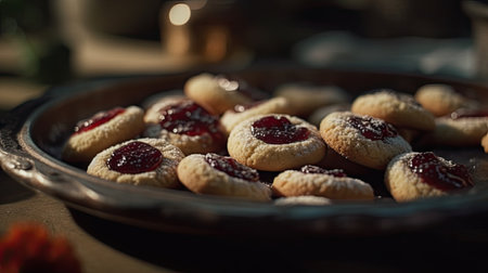 Cookies with raspberry jam on a plate. Selective focus.の素材