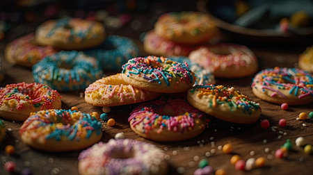 Donuts with colorful sprinkles on wooden background. Selective focus.の素材