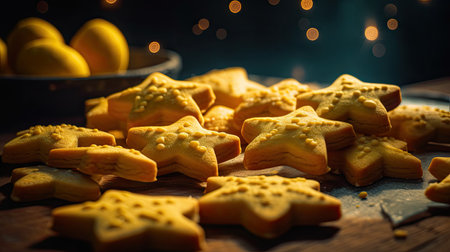 Christmas cookies on a wooden table with bokeh background. Toned.の素材