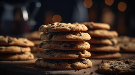 Chocolate chip cookies on wooden table against blurred lights, closeupの素材