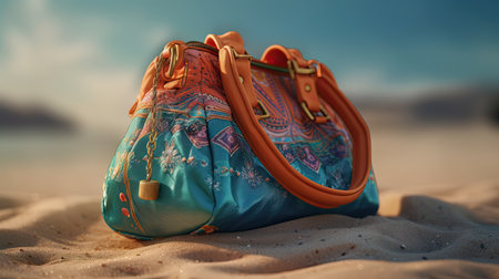 Close up of a woman's handbag on the sandy beach.の素材