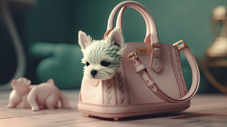 Cute little dog in a pink handbag on the floor.の素材