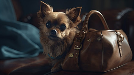 Cute chihuahua dog sitting in a leather bag.の素材