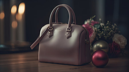 Luxury leather handbag and Christmas ball on wooden table.の素材