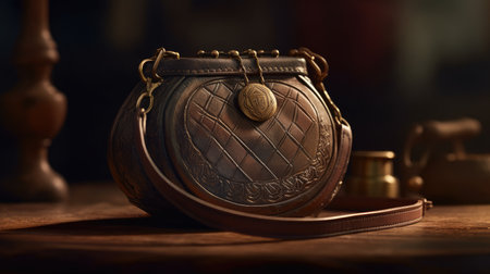 Antique leather wallet on a wooden table. Selective focus.の素材