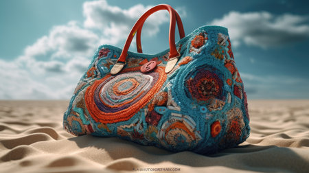 Fashionable snakeskin python handbag on sandy beach. 3d renderingの素材