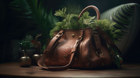 Leather handbag on a wooden table with plants in the backgroundの素材