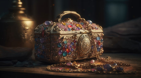 Treasure chest with precious stones on the table. Vintage background.の素材