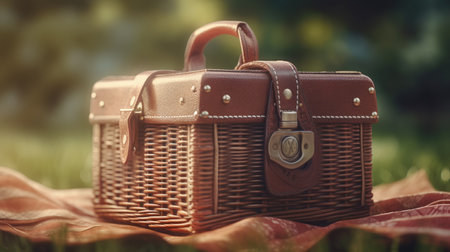 Wicker picnic basket on green grass, shallow depth of field.の素材