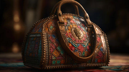 Handbag made of leather with an ornament on a background of the interiorの素材