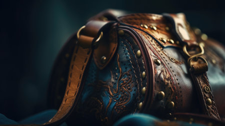 Vintage leather belt on a dark background. Selective focus.の素材