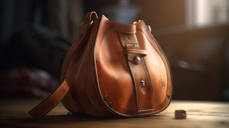 Brown leather backpack on the wooden table in the room with sunlight.の素材