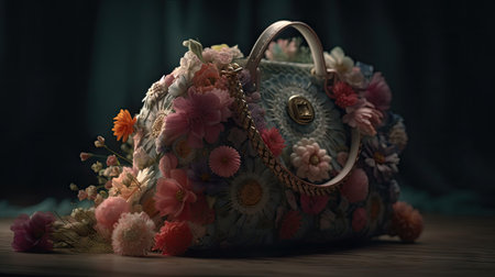 Handbag with flowers on a dark background. Selective focus.の素材